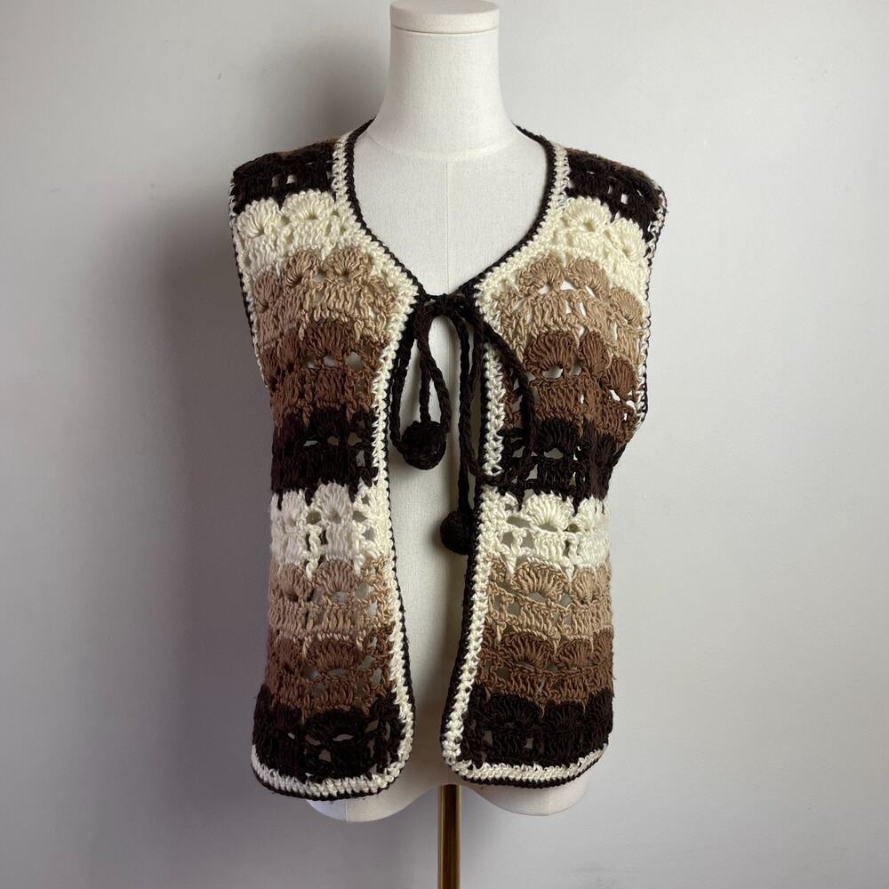 Vintage Handmade Crochet‎ Sweater Vest Brown Tassel Tie Festival Boho Earth Tone